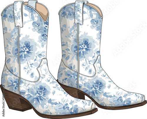 Blue and white Watercolor Cowboy Boots Chinoiserie