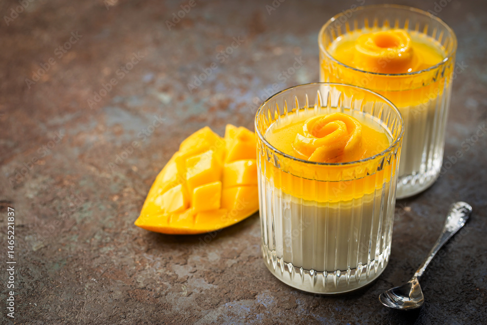 Italian dessert panna cotta with mango in glass on gray background