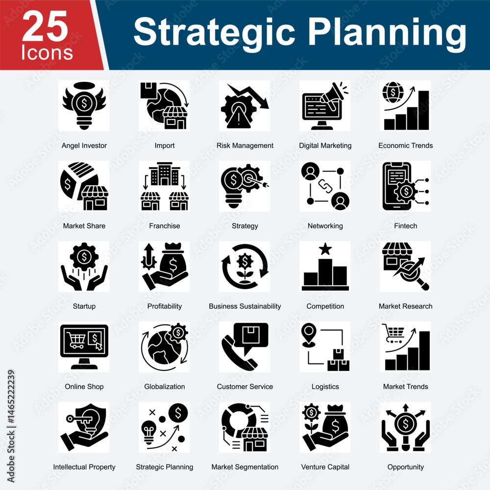 Strategic Planning is a collection of icons highlighting key elements in business strategy, including investment, risk, competition, growth, marketing, and long-term vision for success. Strategic Planning is a collection of icons highlighting key elements in business strategy, including investment, risk, competition, growth, marketing, and long-term vision for success.