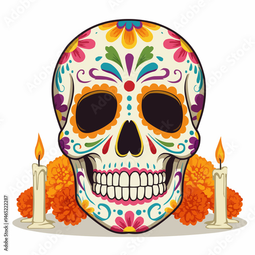 A vibrant skull with flowers, celebrating Dia de Muertos
