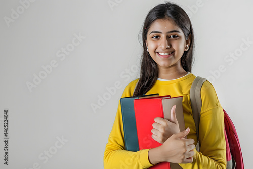 Young indian girl holding books and showing thumb up over white background