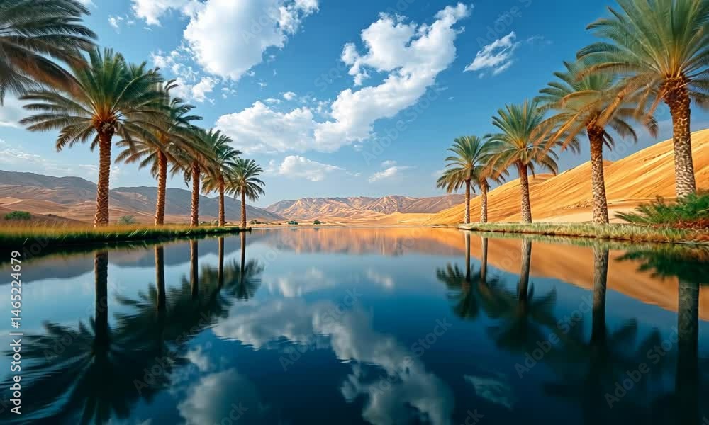 Serene oasis with palm trees reflecting in calm water. Serene oasis with palm trees reflecting in calm water.
