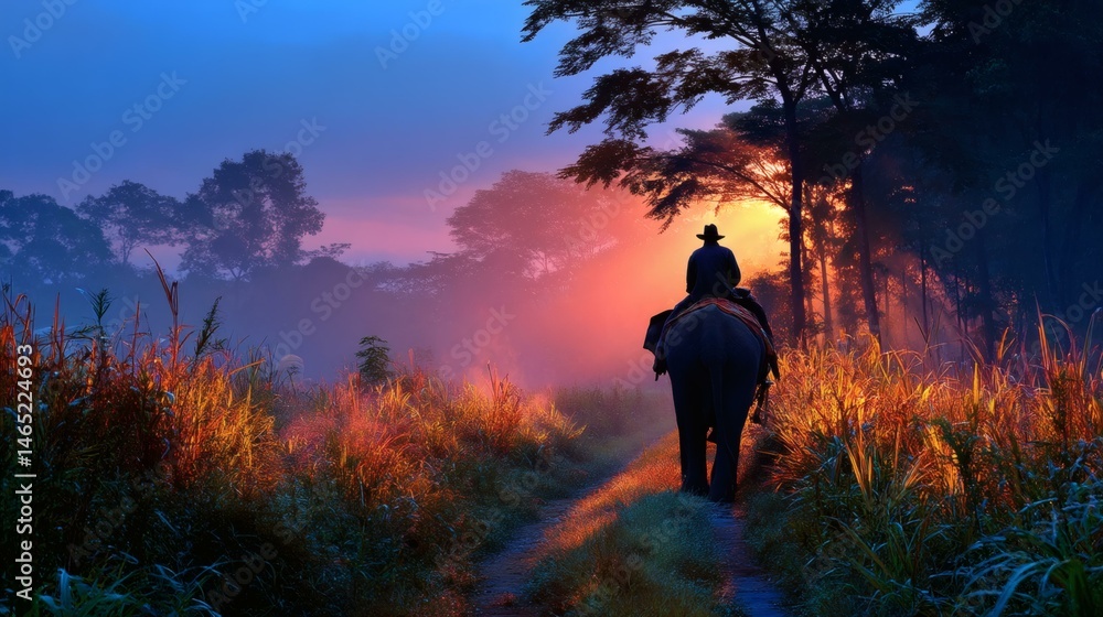 Fototapeta premium Majestic elephant journey at sunrise through misty forest path.