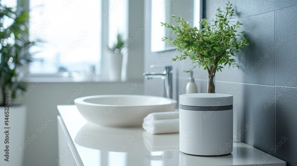 A modern plastic bathroom waste bin with a sleek design, placed next to the bathroom sink. A modern plastic bathroom waste bin with a sleek design, placed next to the bathroom sink.