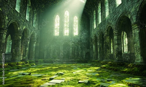 Moss-covered, ruined cathedral interior bathed in light.