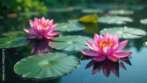 Water lilies, lotus flowers form a vibrant pattern on calm lake surface , water lilies, lake pattern, nature pattern