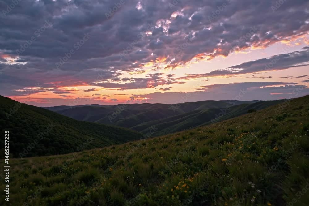 A serene landscape featuring rolling hills under a dramatic sky. The vibrant sunset casts colorful reflections over the grassy terrain, creating a peaceful and captivating scene. A serene landscape featuring rolling hills under a dramatic sky. The vibrant sunset casts colorful reflections over the grassy terrain, creating a peaceful and captivating scene.
