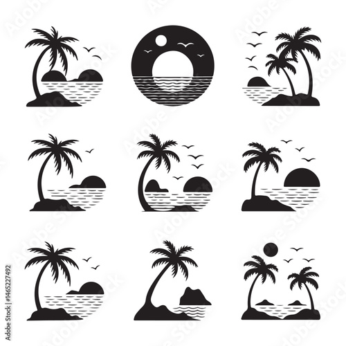 Tropical Paradise Set: A collection of stylized illustrations showcases the essence of tropical beauty, featuring palm trees, serene ocean views, and the warm embrace of the sun.