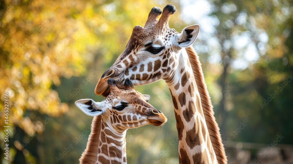 Obraz premium A mother giraffe gently nuzzling her calf, both with soft and textured fur.