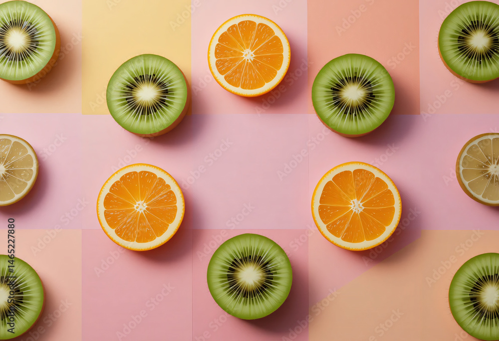 Sliced fruits on pink surface display Sliced fruits on pink surface display