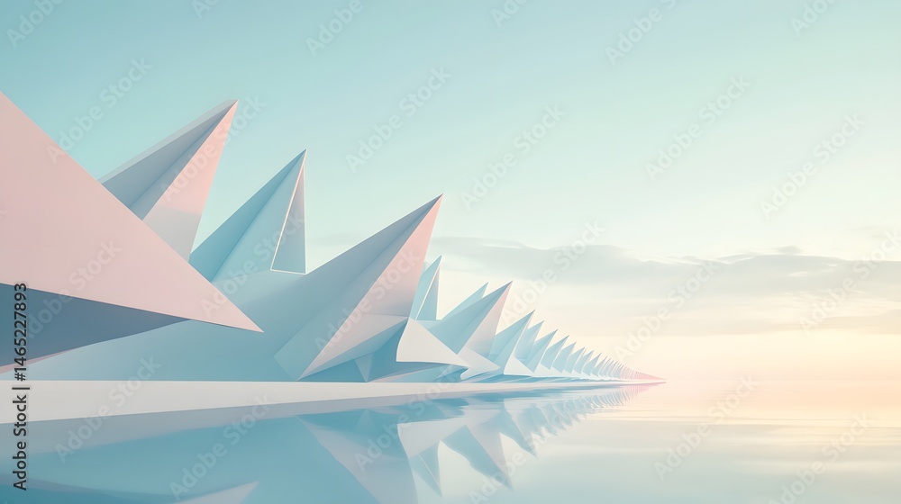 Abstract architectural structures reflecting on a tranquil body of water. Abstract architectural structures reflecting on a tranquil body of water.