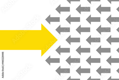 Yellow arrow going its own way among gray arrows on a transparent background