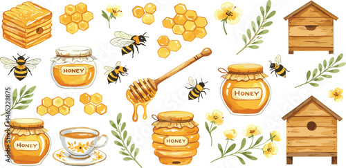 Watercolor big honey set, bees, honeycombs, honey, beehive, chamomile, branch and flowers