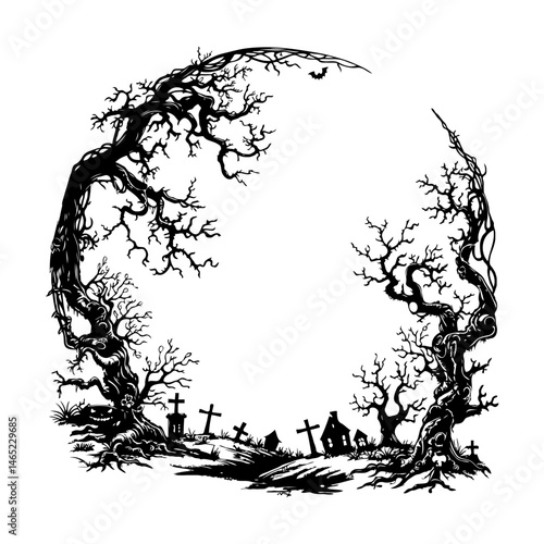 Spooky twisted trees and graveyard forming eerie circular frame on white.