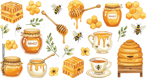 Watercolor big honey set, bees, honeycombs, honey, beehive, chamomile, branch and flowers