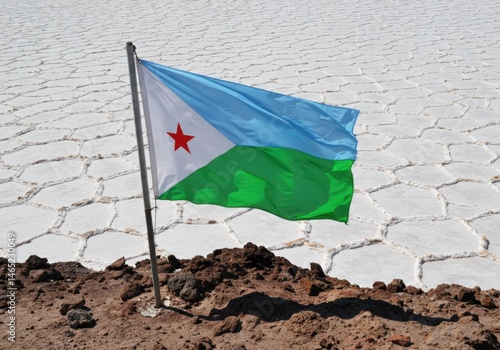 Waving Djiboutian Flag Symbolizing Afar and Issa Unity Over the Stark Salt Pans of Lake Assal