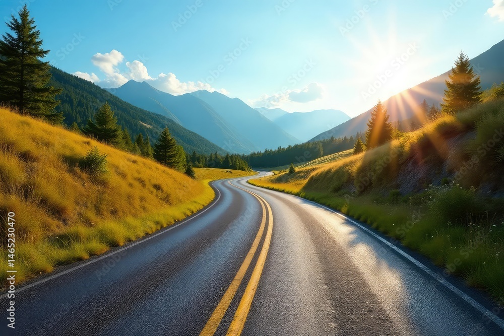 Fototapeta premium Asphalt road curves gently through a sun-drenched landscape, ideal for cycling , sunlight, leaves, peaceful