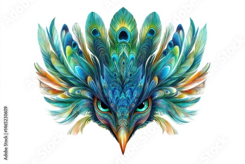 A vibrant avian mask crafted from peacock feathers