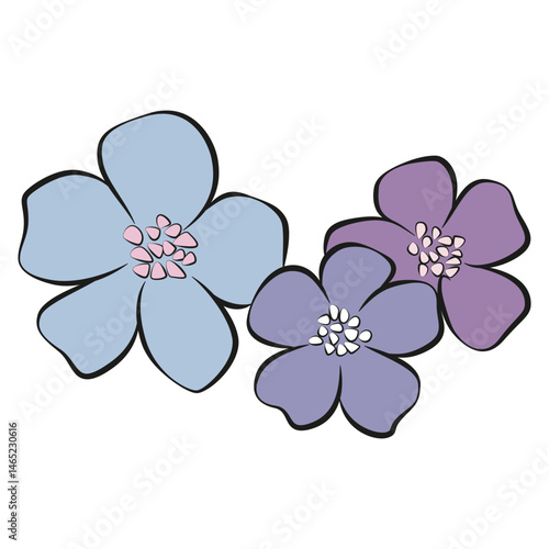 Set of beautiful violet and purple flower. Three flowers blossom isolated on white background. Vector cartoon floral illustration. 
