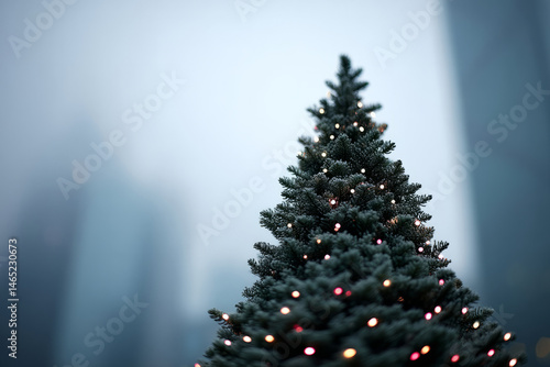 Misty morning pine dressed in twinkling lights evokes Yule traditions, enchanting its evergreen whisper under urban wintertide