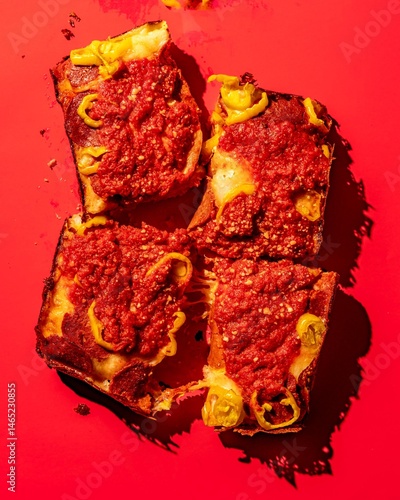 Detroit style pizza on a red background