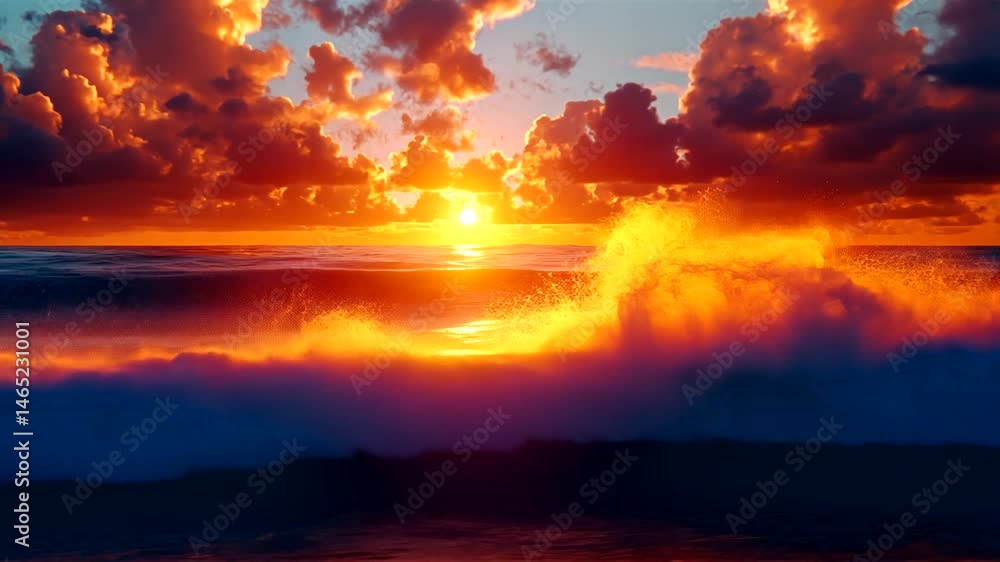 Breathtaking sunset over the ocean with vibrant colors and crashing waves, serene atmosphere Breathtaking sunset over the ocean with vibrant colors and crashing waves, serene atmosphere