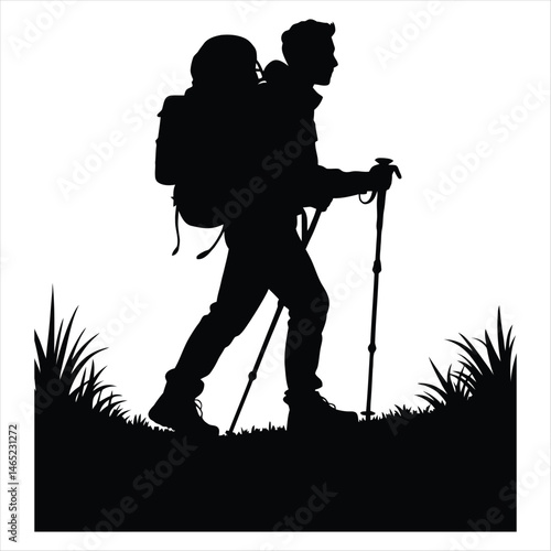 Minimalist black and white silhouette of a hiker with trekking pole on wilderness journey