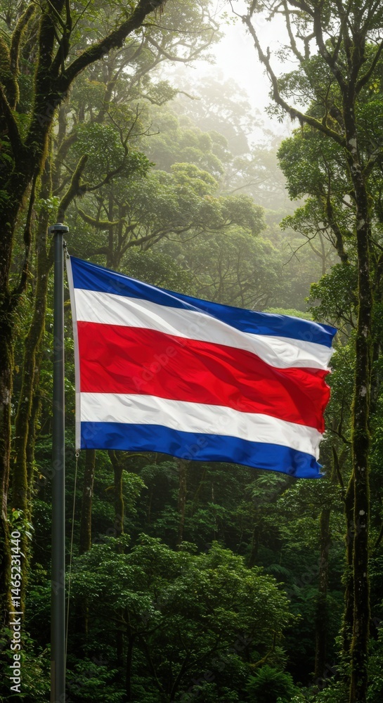 Obraz premium Waving Costa Rican Flag Symbolizing Pura Vida Over the Lush Cloud Forest Canopy of Monteverde