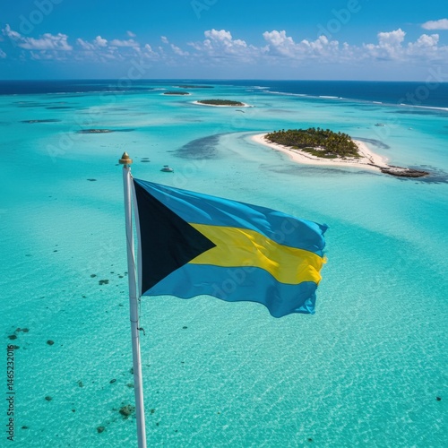 Waving Bahamian Flag Over the Pristine Turquoise Waters and White Sandbars of the Archipelago