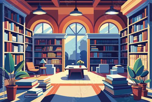 Sunlit Library Interior. A haven for book lovers