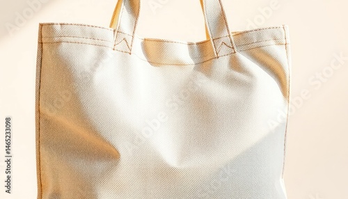Close up view of an Empty Canvas Tote Bag for shopping or promotional use with visible stitching, on soft light background