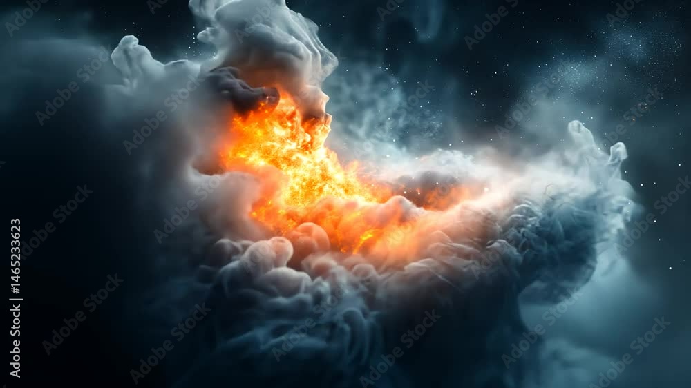 Fiery explosion erupts from dense, swirling clouds in a dark night sky Fiery explosion erupts from dense, swirling clouds in a dark night sky