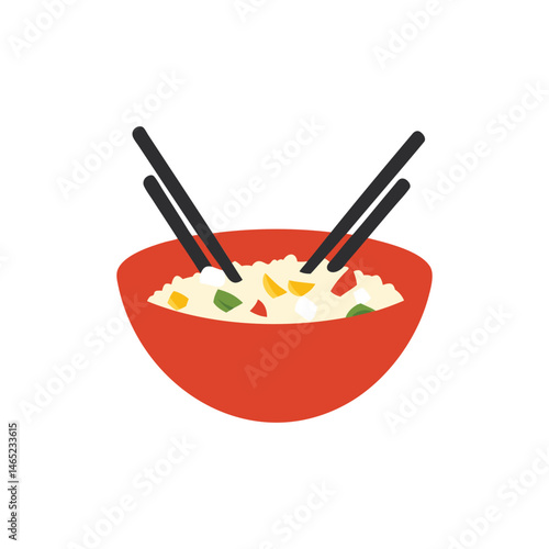 Delicious Noodle Soup in Red Bowl with Chopsticks Asian Cuisine Illustration