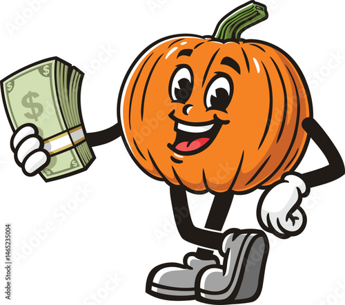 Cartoon pumpkin character holding cash