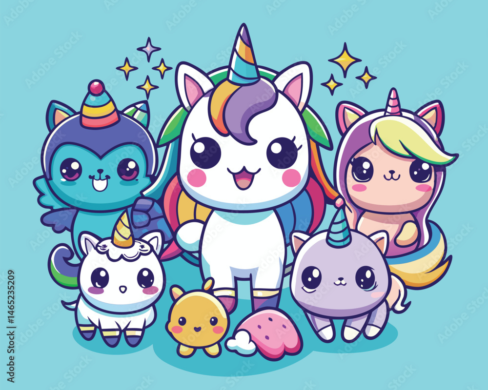 Obraz premium Adorable Unicorns and Friends. A Magical Kawaii Illustration