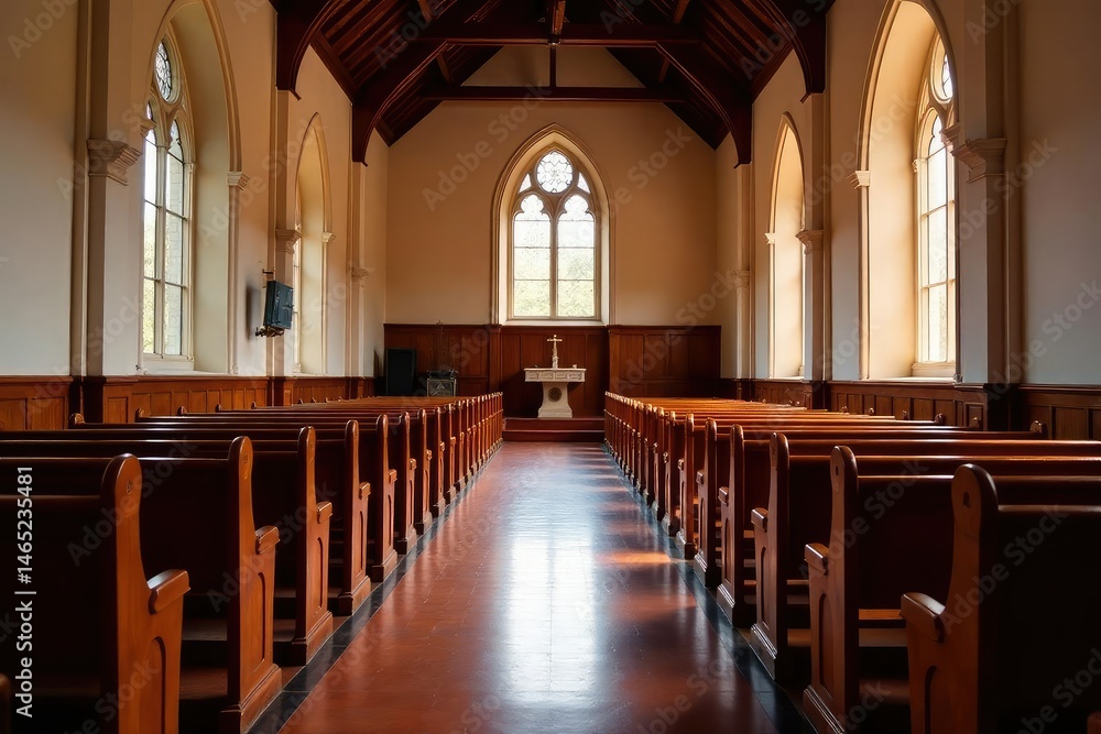 Fototapeta premium Orderly rows of empty pews in a traditional church, building, still