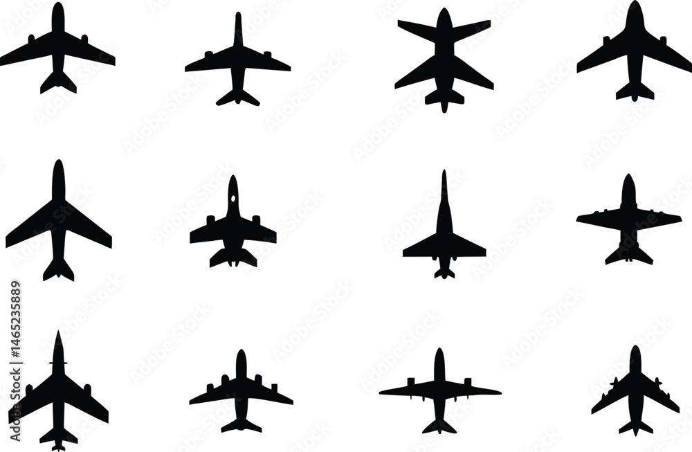 Collection of Airplane Silhouettes Top View Illustrations of Various Aircraft Designs for Aviation, Travel, and Transportation Projects Collection of Airplane Silhouettes Top View Illustrations of Various Aircraft Designs for Aviation, Travel, and Transportation Projects