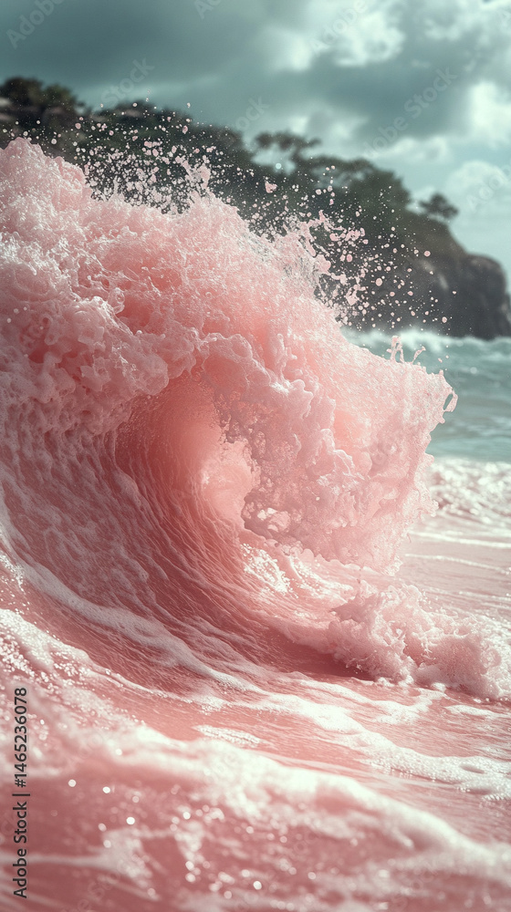 Fototapeta premium A bright pink wave splashes gently on a minimalist beach, symbolizing creativity, calm, and surreal beauty. A simple, vibrant coastal scene blending nature with playful artistic expression.