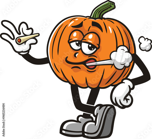 Cartoon pumpkin character is smoking