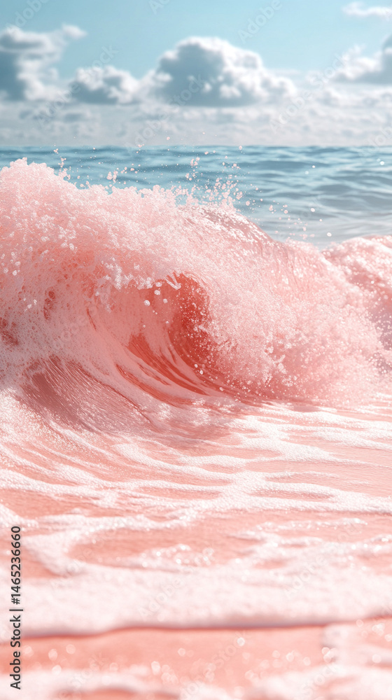 Fototapeta premium A bright pink wave splashes gently on a minimalist beach, symbolizing creativity, calm, and surreal beauty. A simple, vibrant coastal scene blending nature with playful artistic expression.