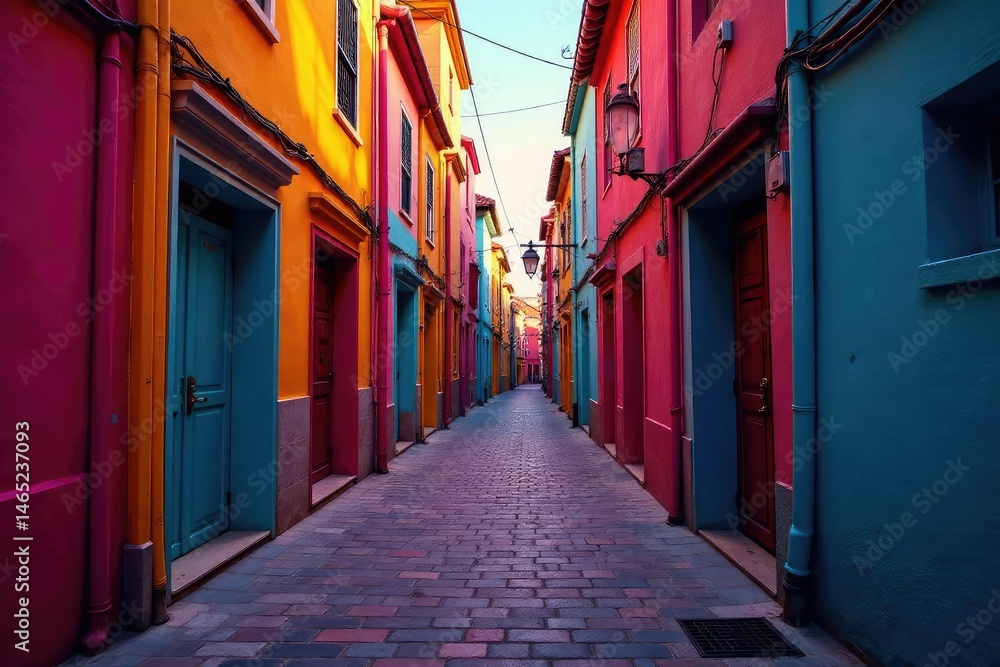 Fototapeta premium Vibrant colored alleyway, urban scene, graphic design background , pattern, art, street art