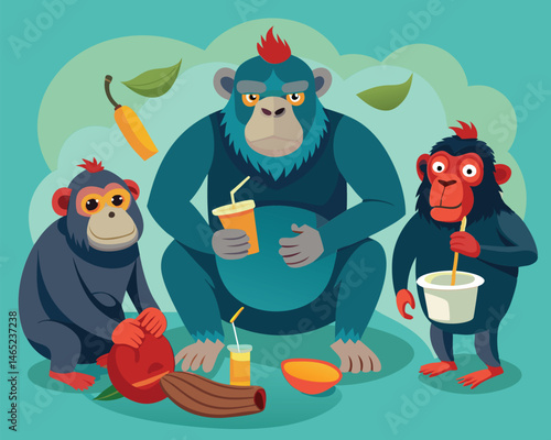 Three Playful Monkeys Enjoying Refreshments