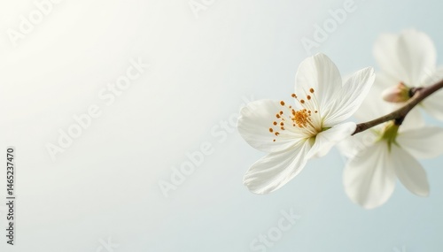 Delicate white blossom against pure white background, clean, summer