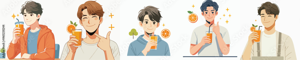 young man drinking fresh orange juice with satisfied face style vector flat design young man drinking fresh orange juice with satisfied face style vector flat design
