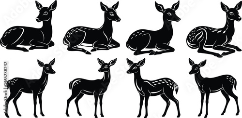 Deer Doe Silhouette Vector Set – Sitting and Standing Female Clipart Collection