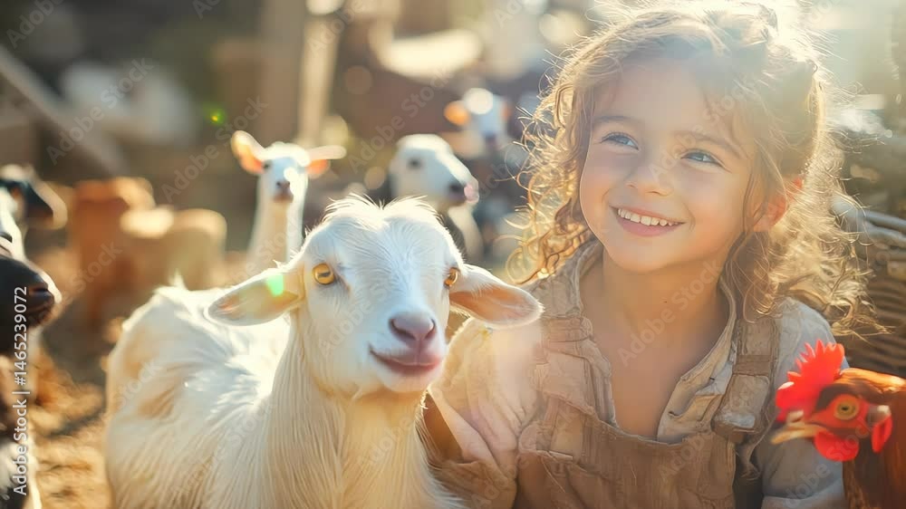 Smiling child surrounded by goats and a chicken on a farm, enjoying a sunny day with animals in a rustic setting Smiling child surrounded by goats and a chicken on a farm, enjoying a sunny day with animals in a rustic setting
