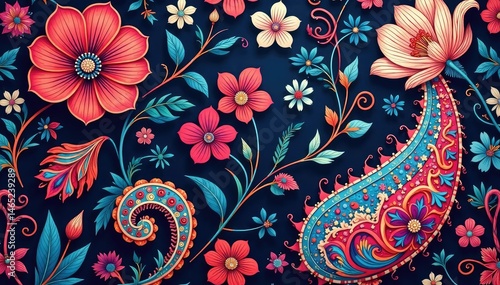 Bold paisley floral pattern, vibrant hues and dramatic curves , print, design, texture