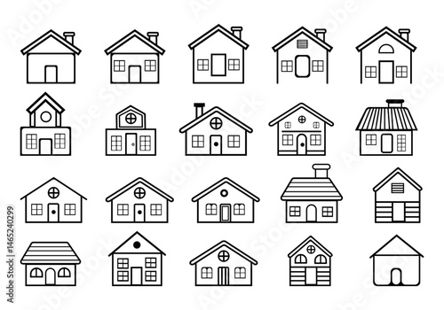  collection of house line icons with various roof and window