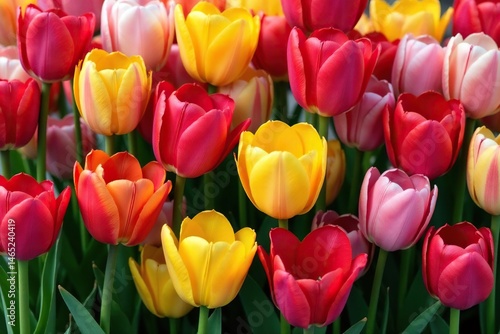 Bold stylized tulips arranged in a square grid, nature, geometric pattern, digital
