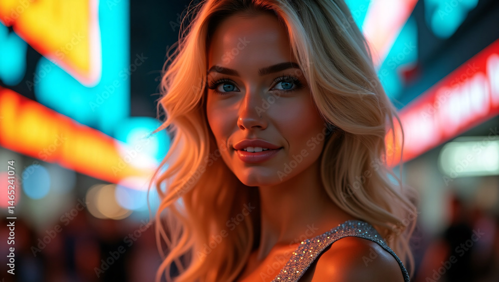 Fototapeta premium A beautiful woman with blond hair is in a vibrant, neon-lit environment